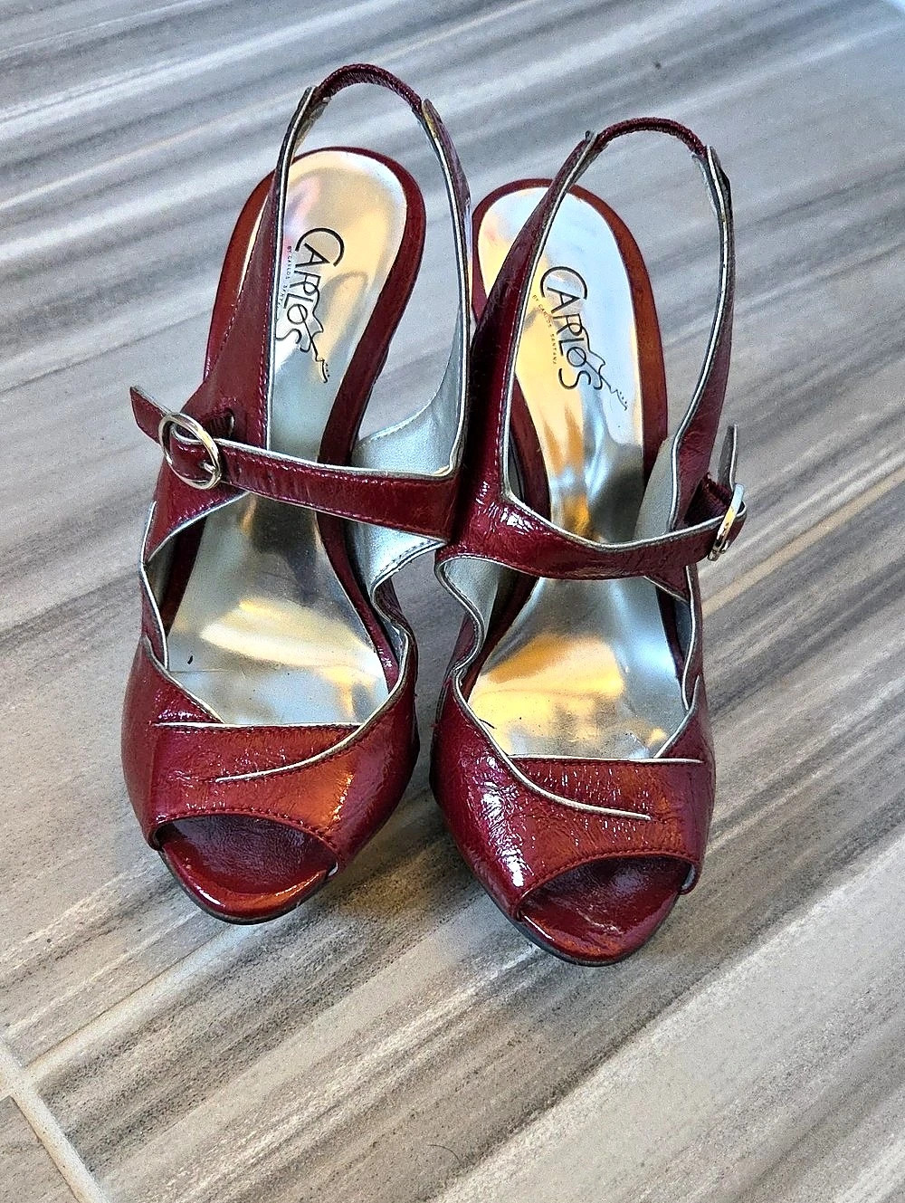 Carlos Santana Patent Peep Toe Platform Heels in Red